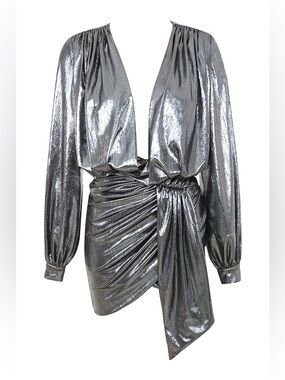 House of CB Alvona silver metallic drape mini dress